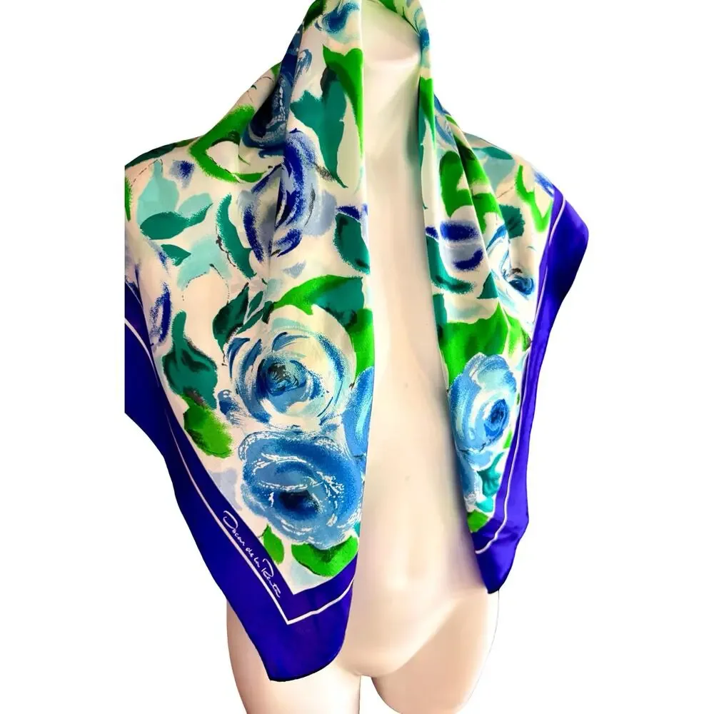 Vintage Oscar de la Renta Silk Scarf 1990s Blue Green Rose Floral 34x34 Square